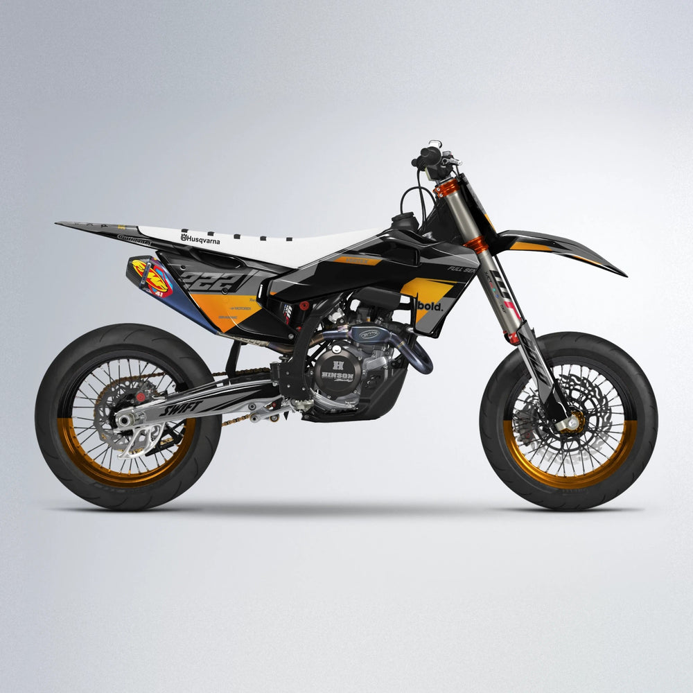 NOMAD Husqvarna FE/TE supermoto graphics kit in Orange & Yellow