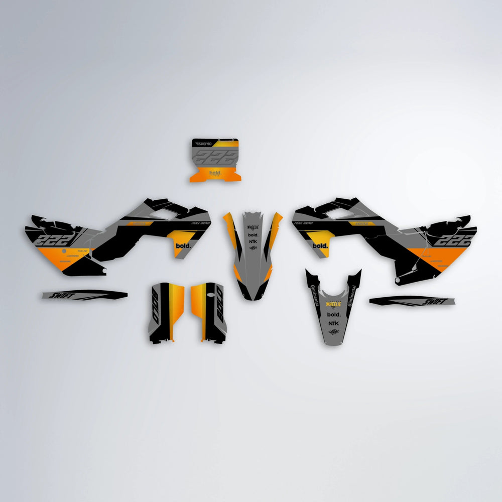 NOMAD Husqvarna FE/TE graphics kit parts layout in Orange & Yellow