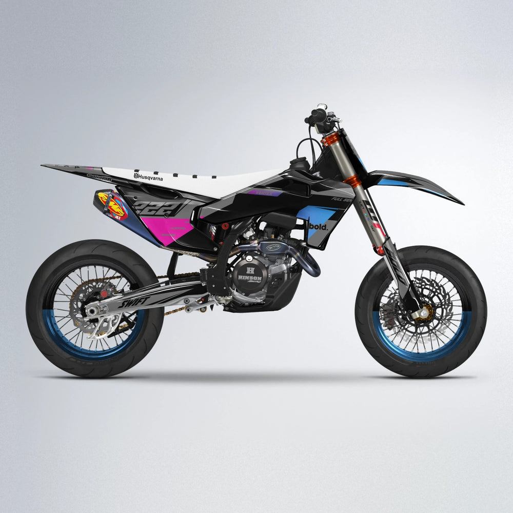 NOMAD Husqvarna FE/TE supermoto graphics kit in Pink & Light Blue