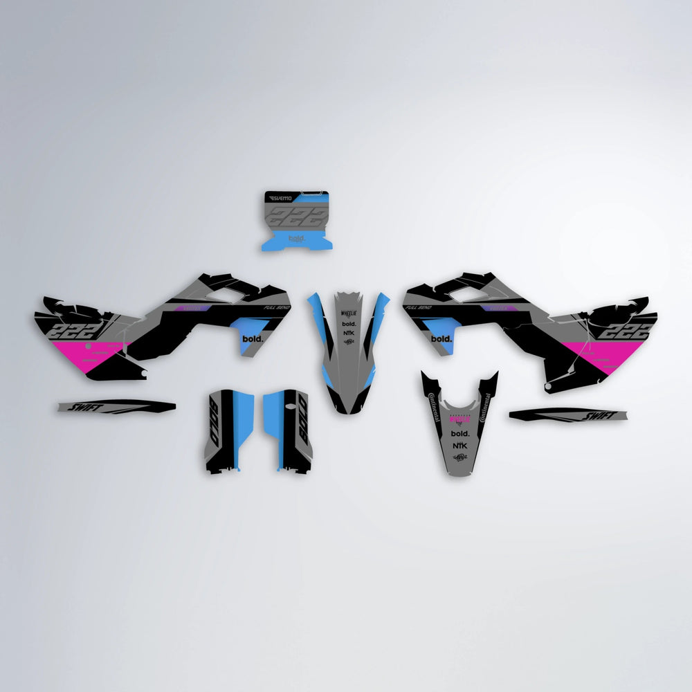 NOMAD Husqvarna FE/TE graphics kit parts layout in Pink & Light Blue