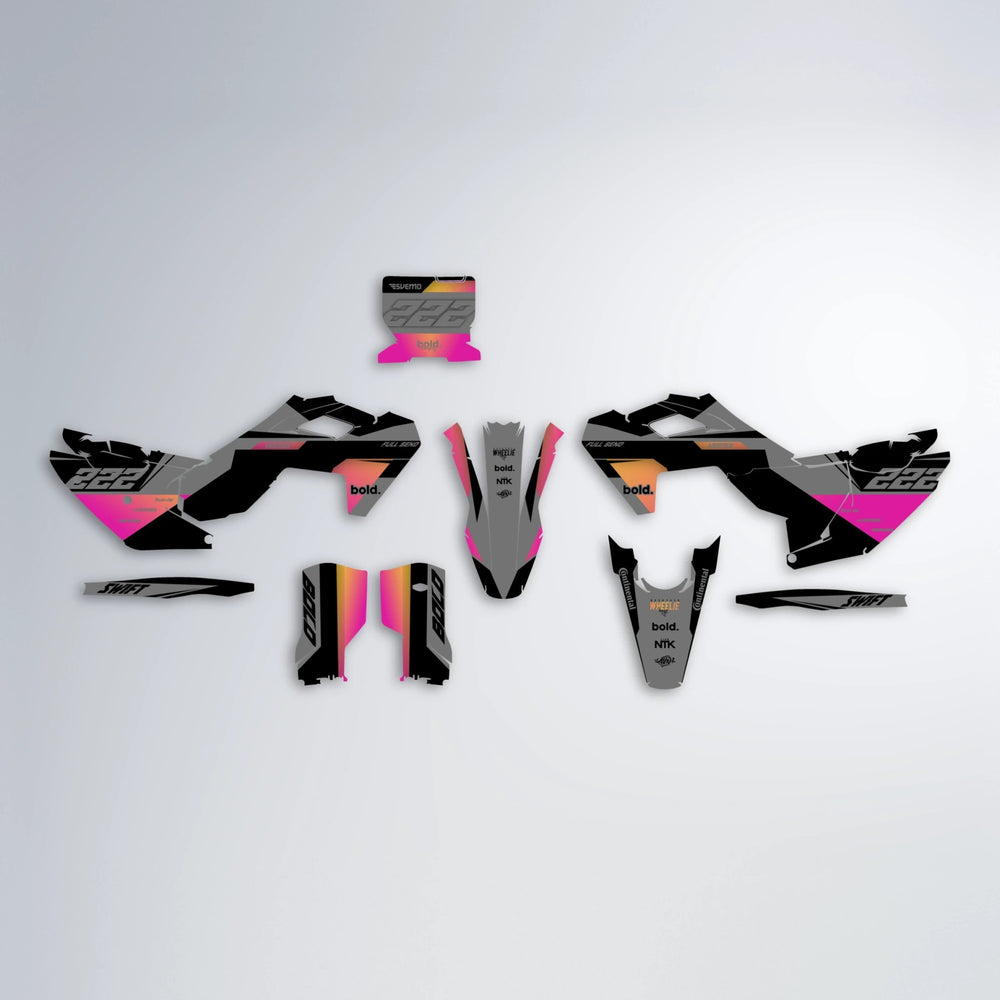 NOMAD Husqvarna FE/TE graphics kit parts layout in Pink & Yellow
