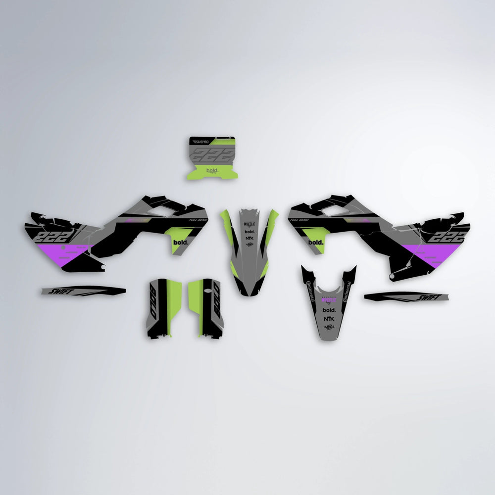 NOMAD Husqvarna FE/TE graphics kit parts layout in Purple & Yellow