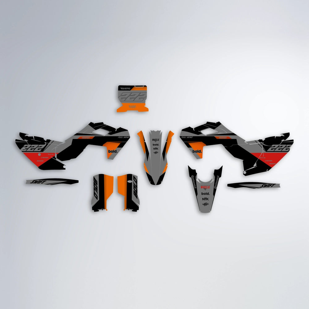 NOMAD Husqvarna FE/TE graphics kit parts layout in Red & Orange