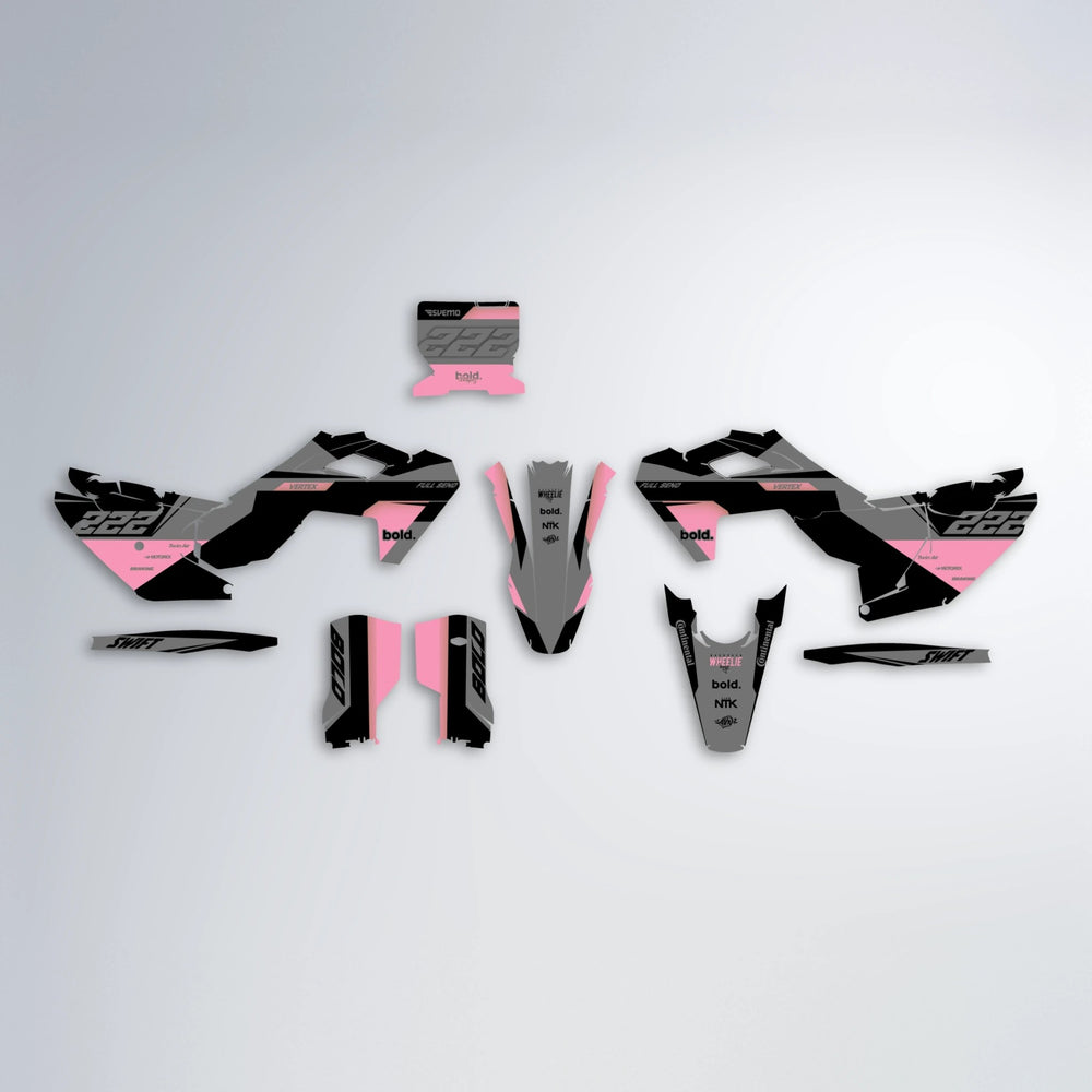 NOMAD Husqvarna FE/TE graphics kit parts layout in Sakura Pink