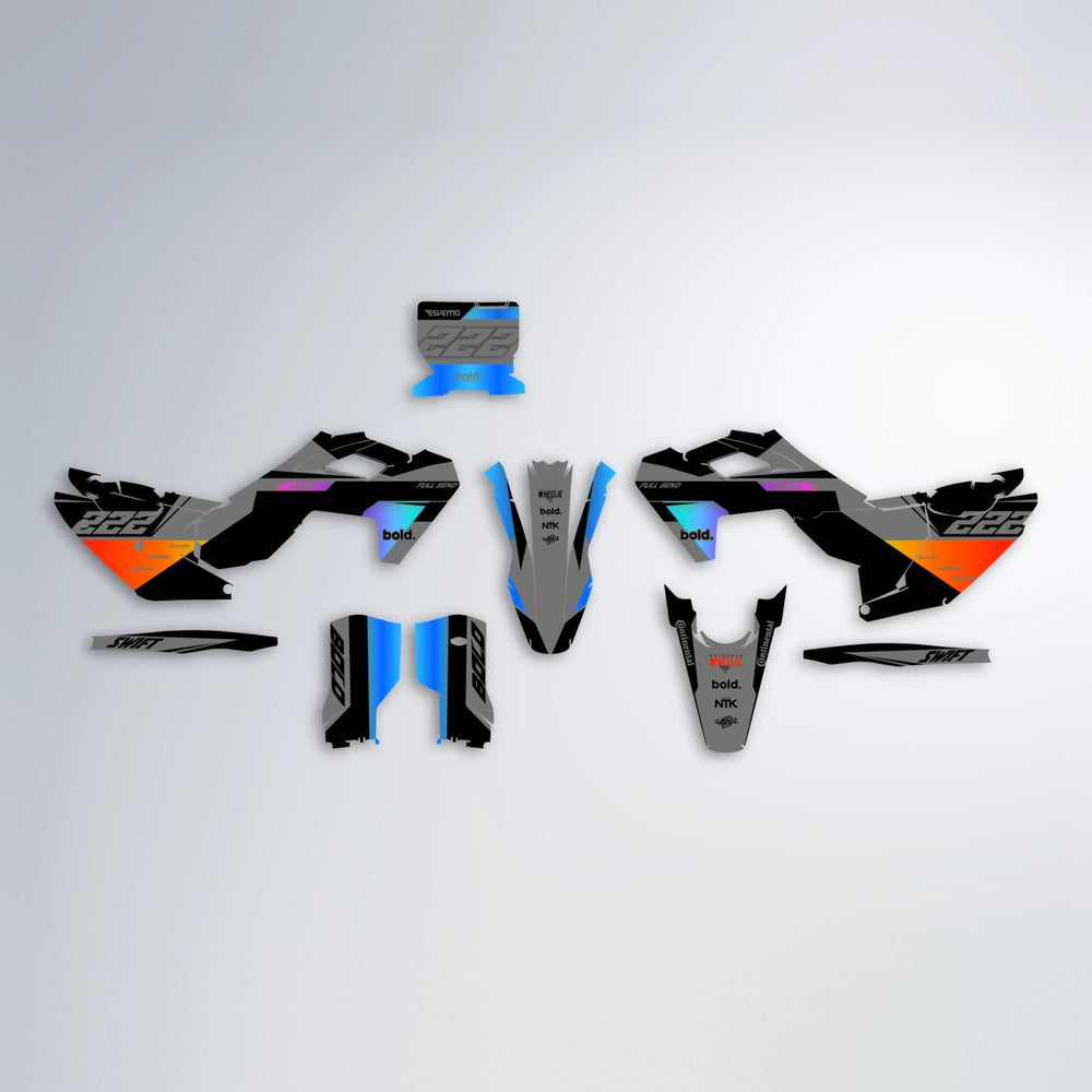 NOMAD Husqvarna FE/TE graphics kit parts layout in Sunset Fade