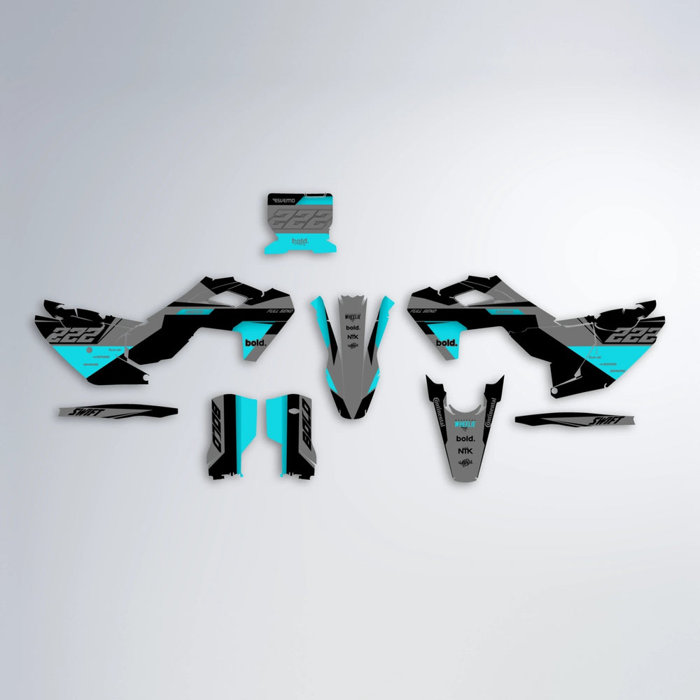 NOMAD Husqvarna FE/TE graphics kit parts layout in Teal
