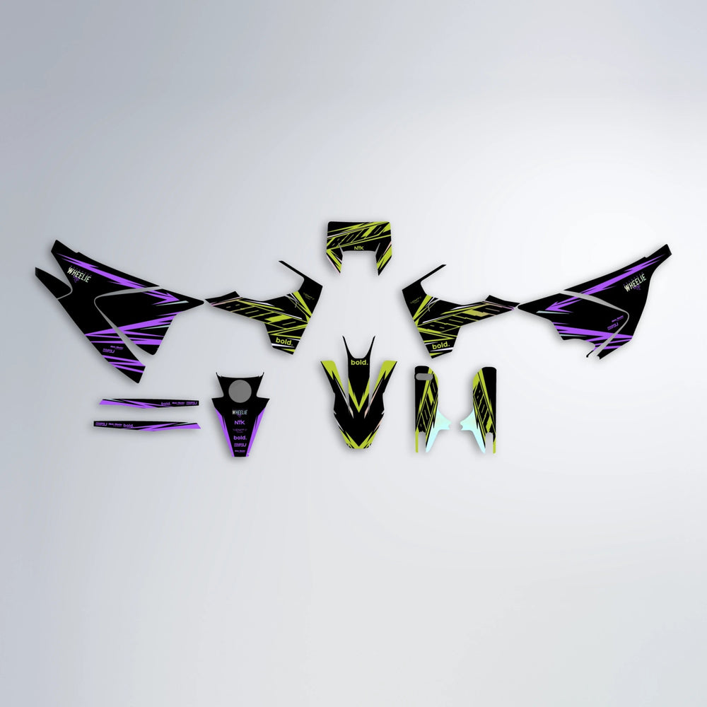 NTK V2 Husqvarna 701 graphics kit parts layout in Purple & Yellow
