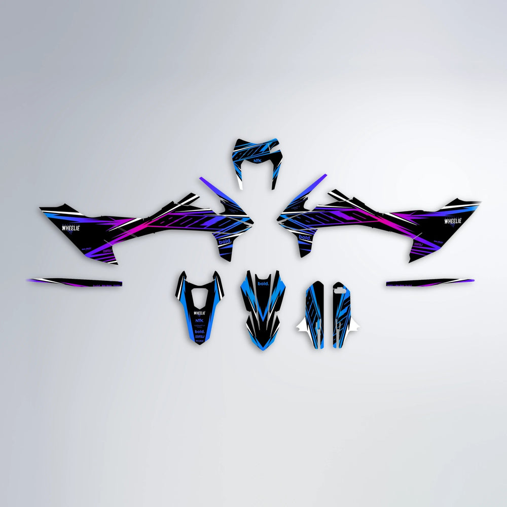 NTK V2 KTM SMC 690 graphics kit parts layout in Blue Purple Fade