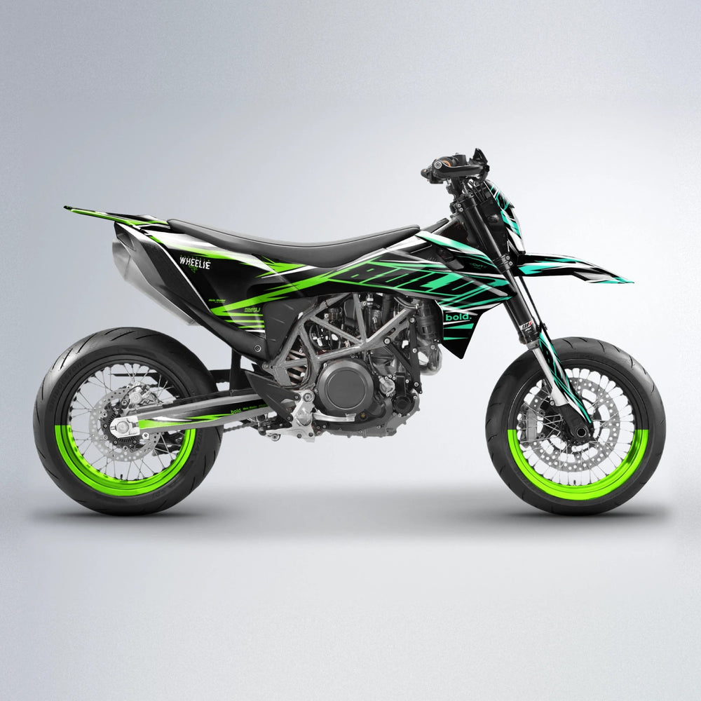 NTK V2 KTM SMC 690 supermoto graphics kit in Cyan & Green