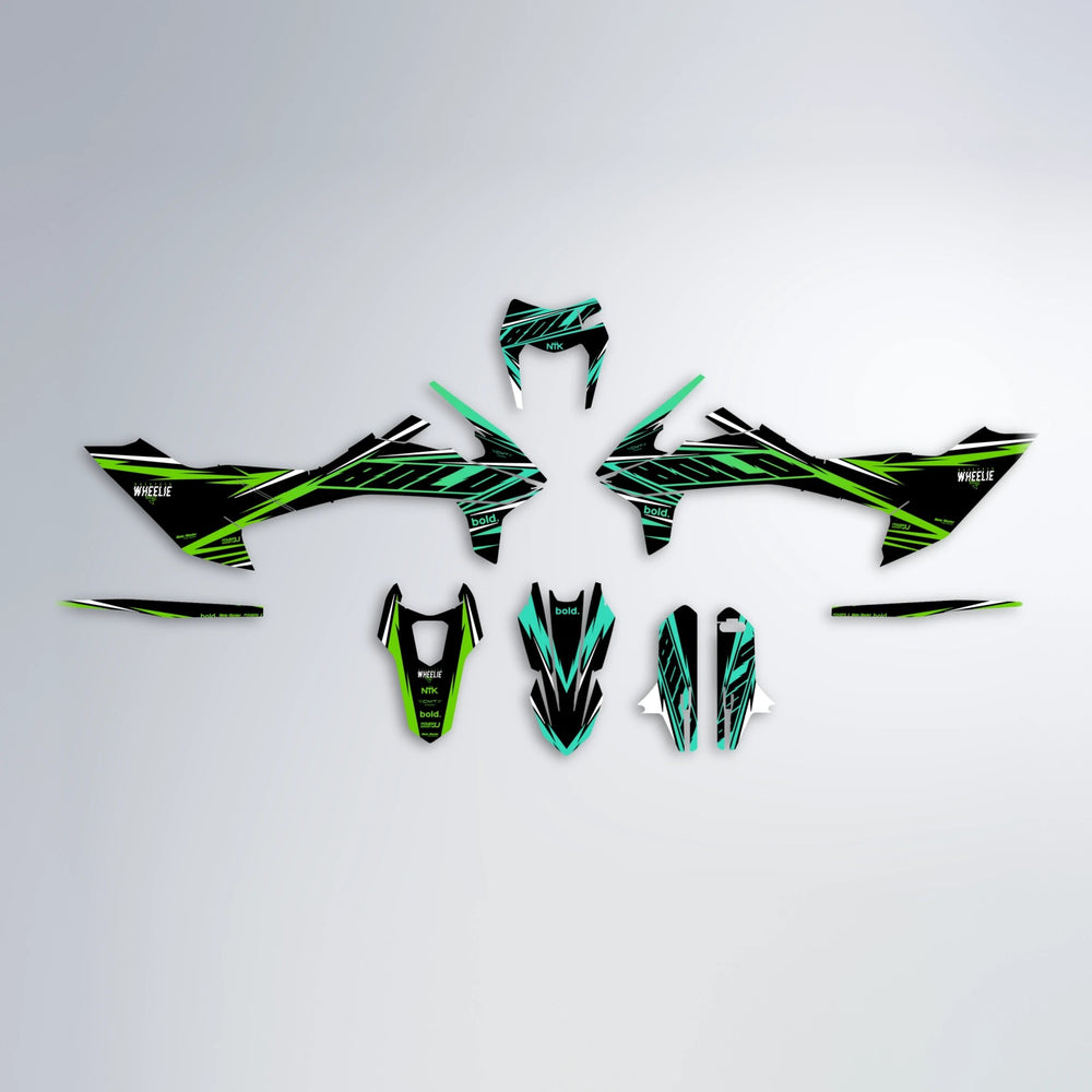 NTK V2 KTM SMC 690 graphics kit parts layout in Cyan & Green