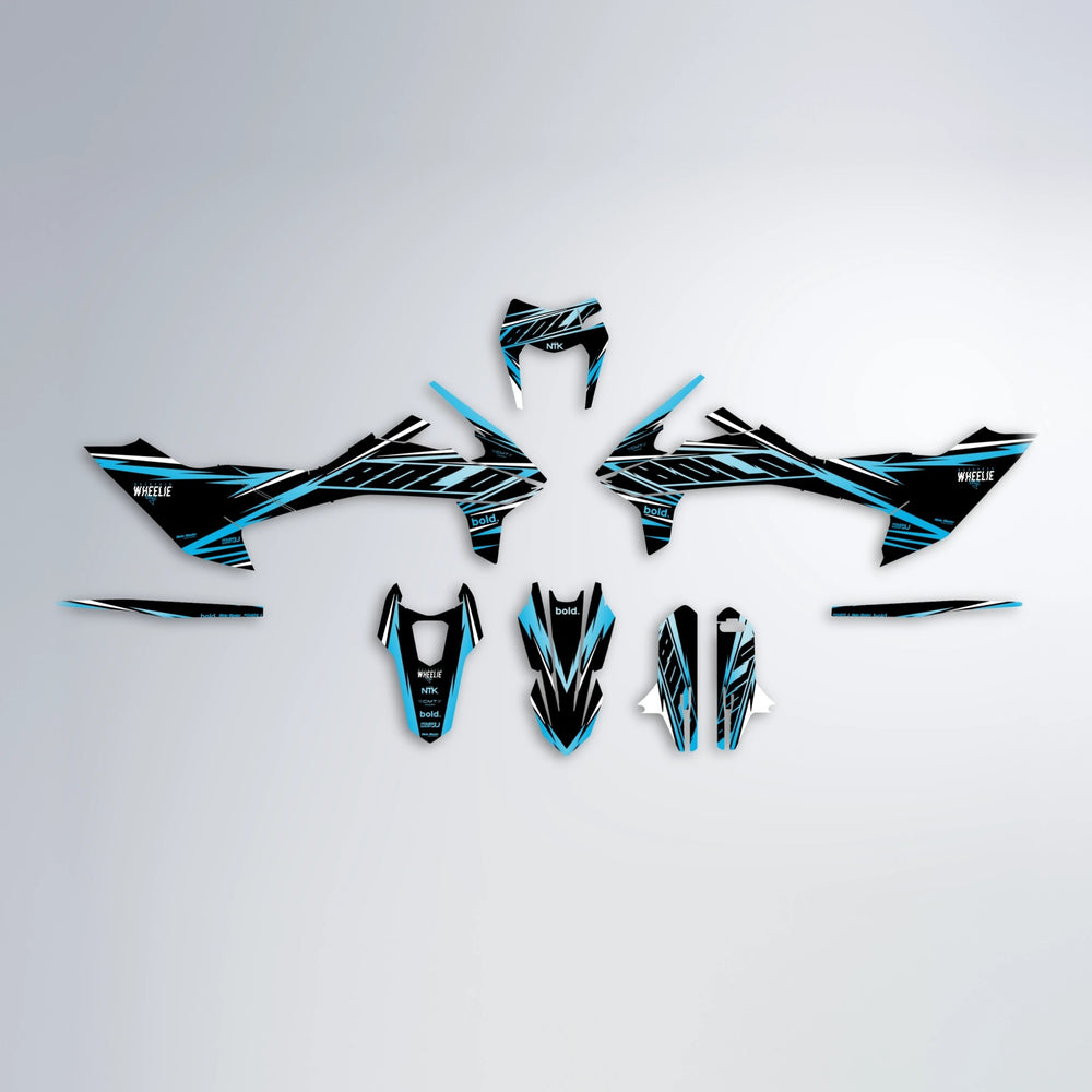 NTK V2 KTM SMC 690 graphics kit parts layout in Light Blue & White