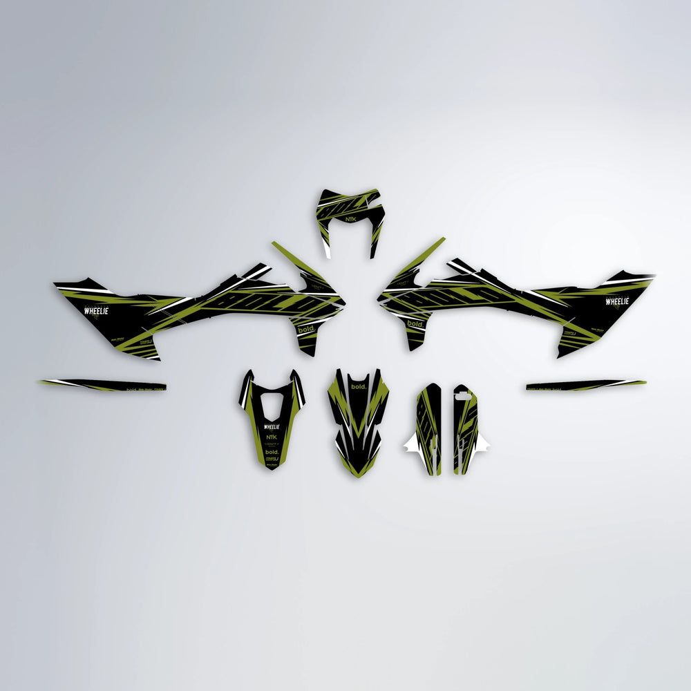 NTK V2 KTM SMC 690 graphics kit parts layout in Olive