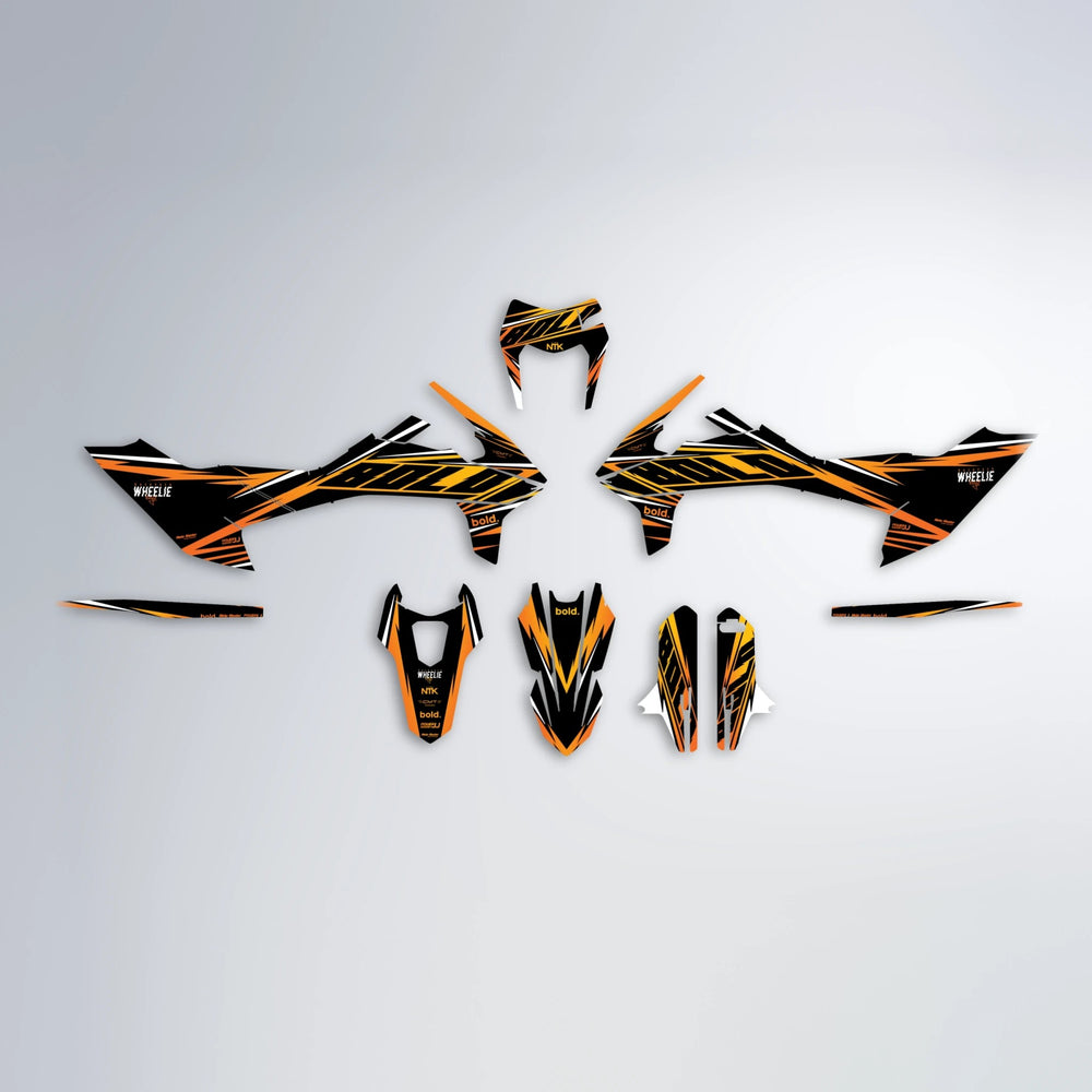 NTK V2 KTM SMC 690 graphics kit parts layout in Orange & Yellow