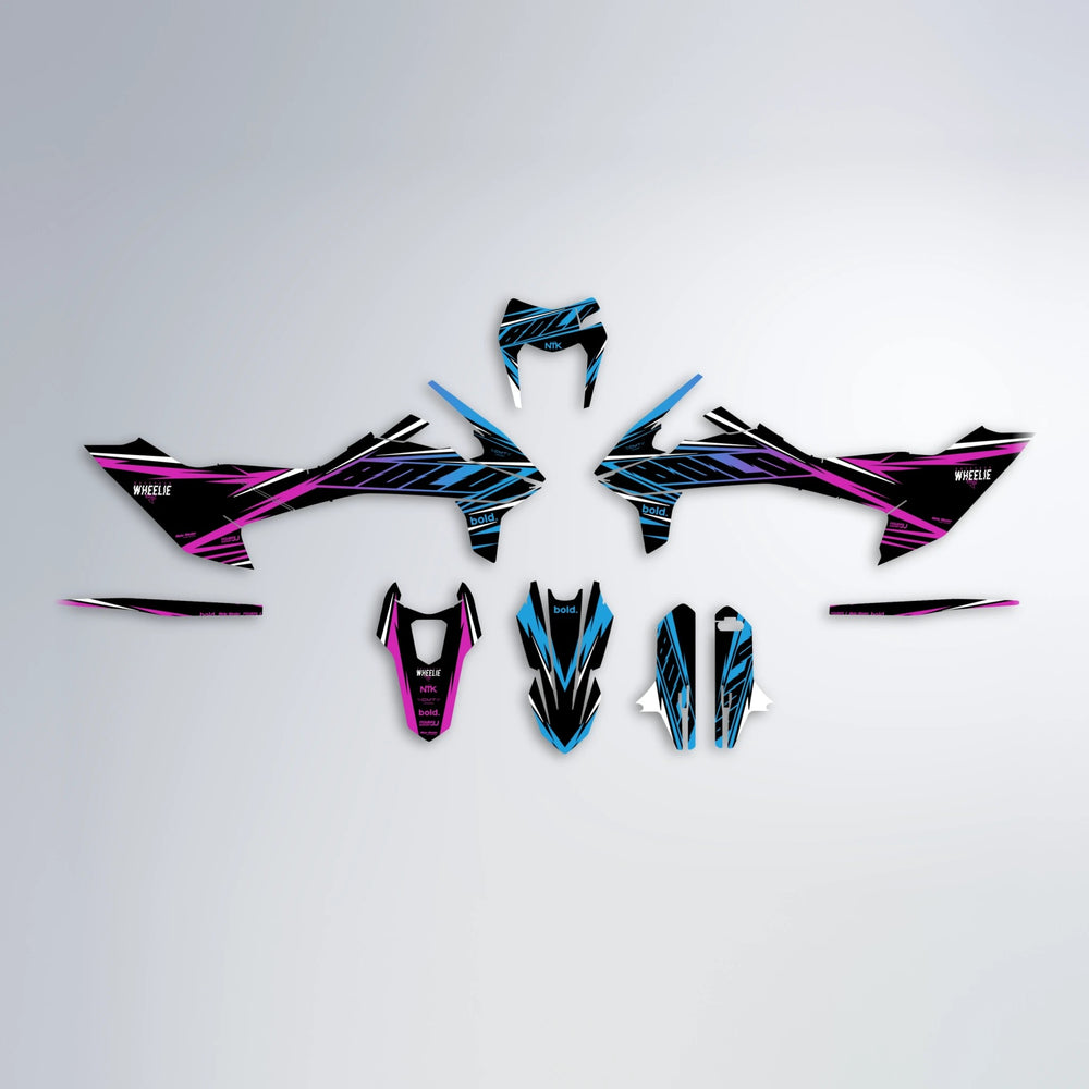 NTK V2 KTM SMC 690 graphics kit parts layout in Pink & Light Blue