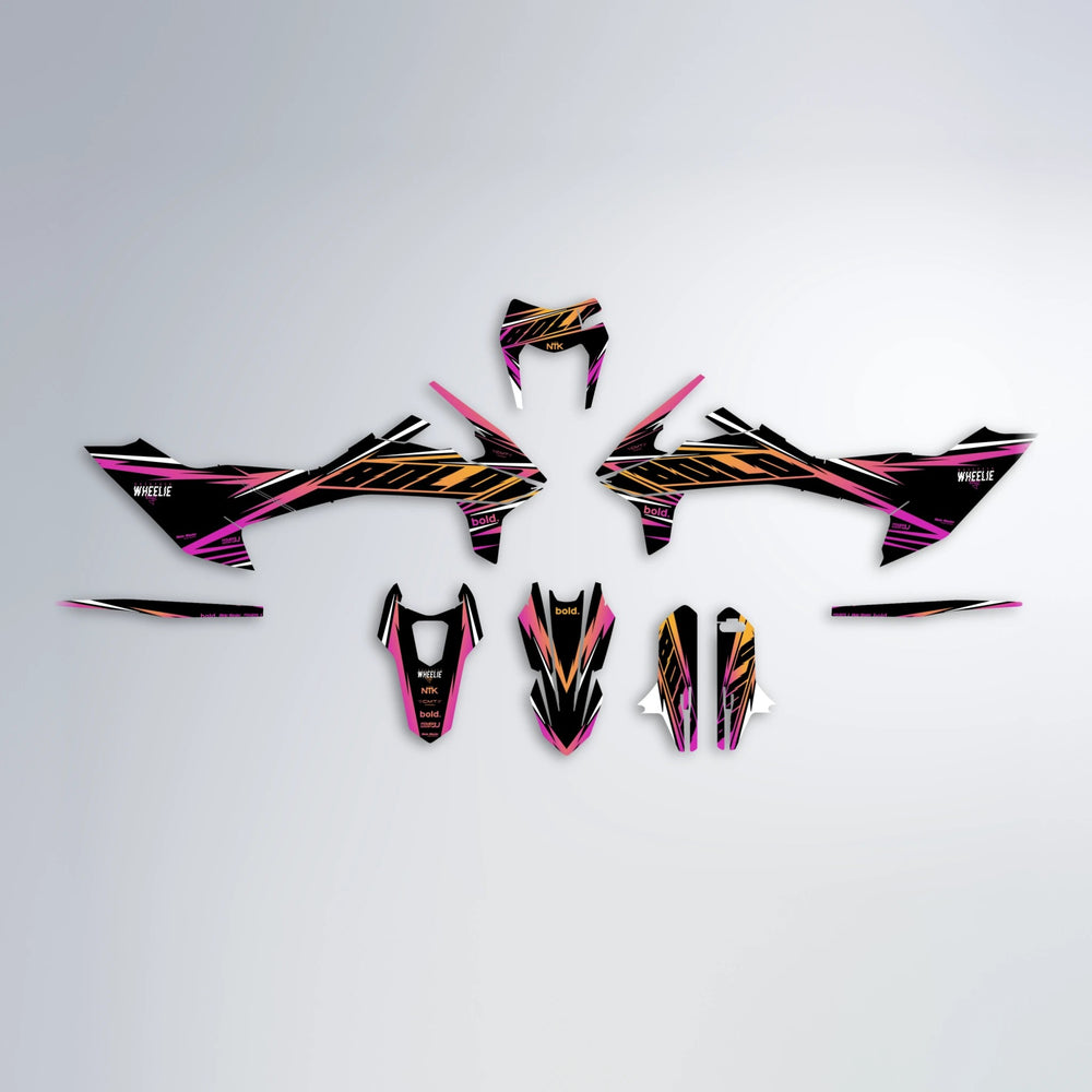 NTK V2 KTM SMC 690 graphics kit parts layout in Pink & Yellow