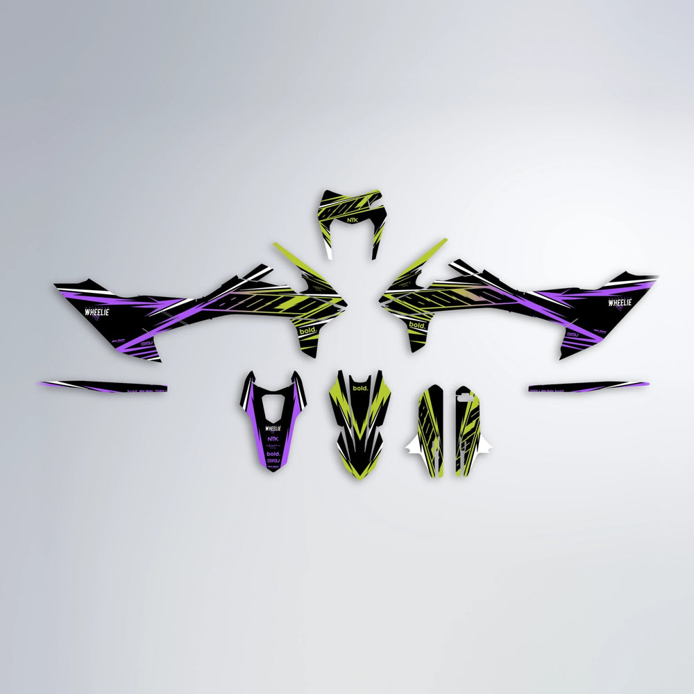 NTK V2 KTM SMC 690 graphics kit parts layout in Purple & Yellow