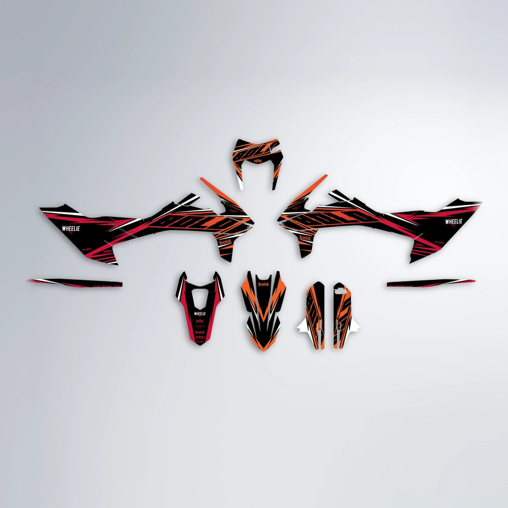 NTK V2 KTM SMC 690 graphics kit parts layout in Red & Orange