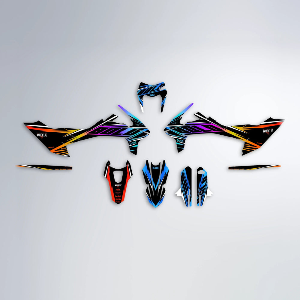 NTK V2 KTM SMC 690 graphics kit parts layout in Sunset Fade