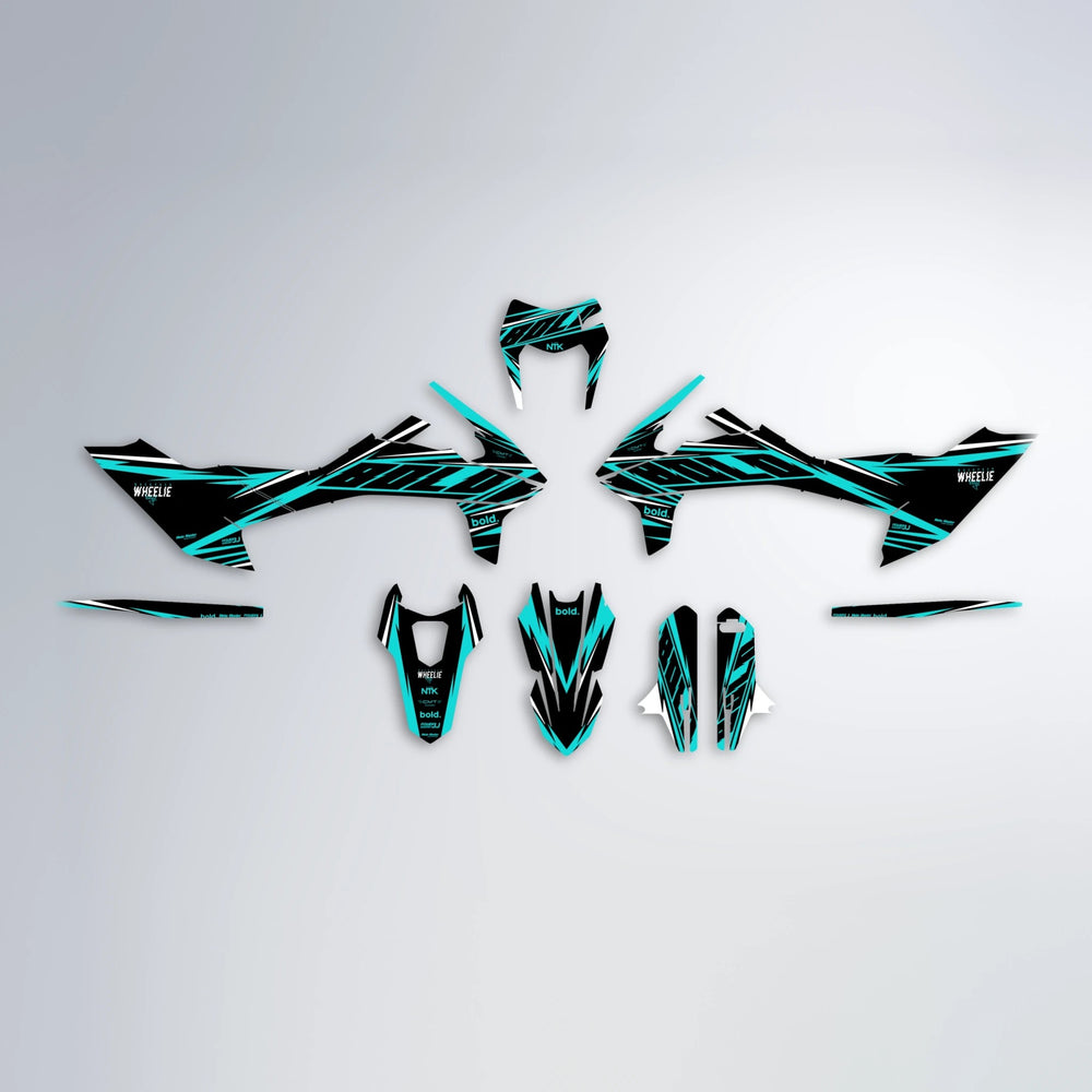 NTK V2 KTM SMC 690 graphics kit parts layout in Teal