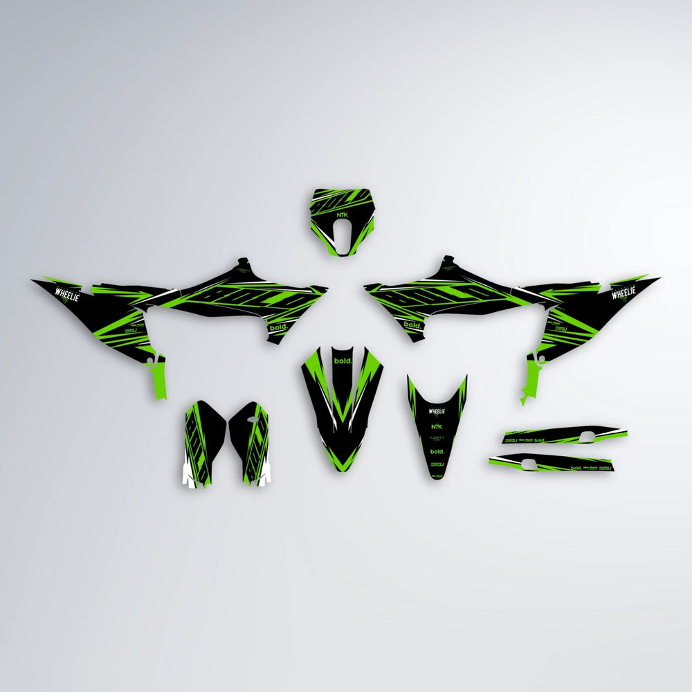 NTK V2 Stark Varg MX graphics kit parts layout in Green