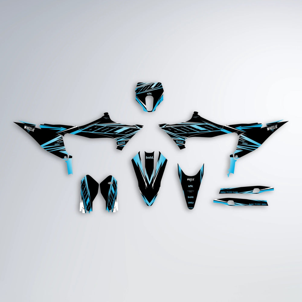 NTK V2 Stark Varg MX graphics kit parts layout in Light Blue & White