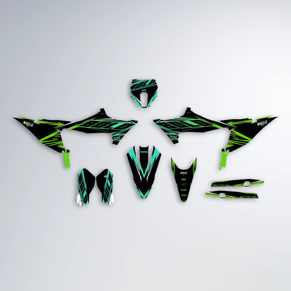 NTK V2 Stark Varg SM graphics kit parts layout in Cyan & Green