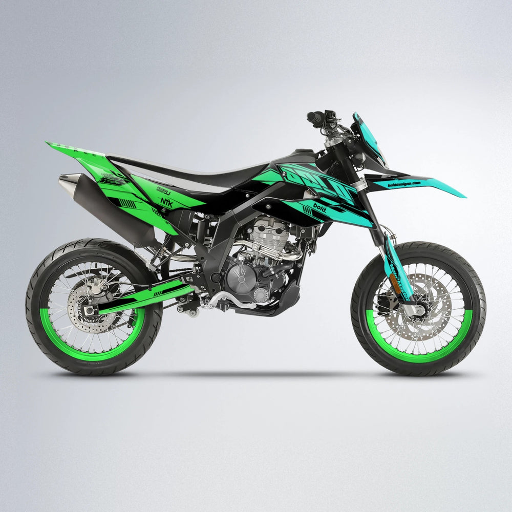 NTK V3 Aprilia SX 125 supermoto graphics kit in Cyan & Green