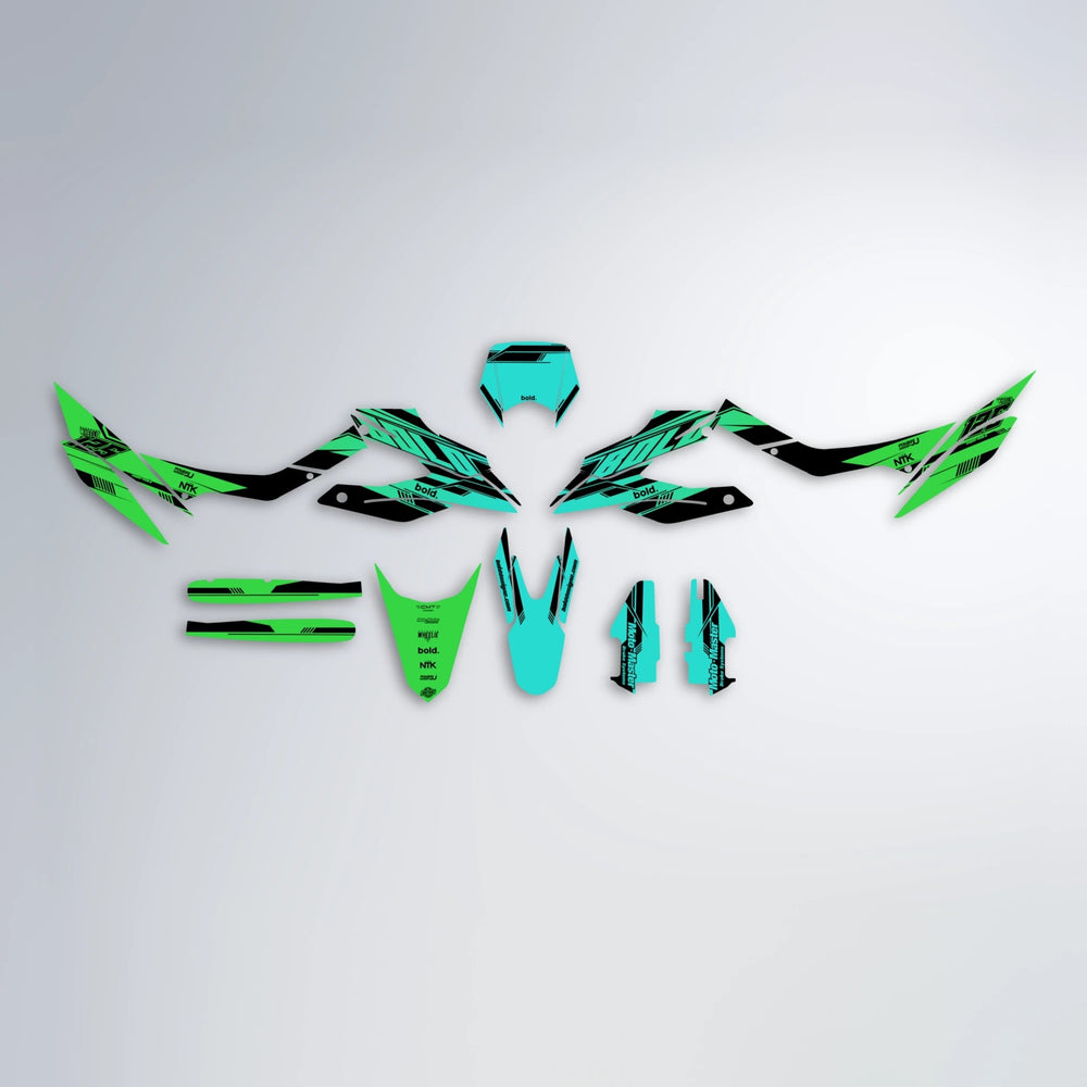 NTK V3 Aprilia SX 125 graphics kit parts layout in Cyan & Green