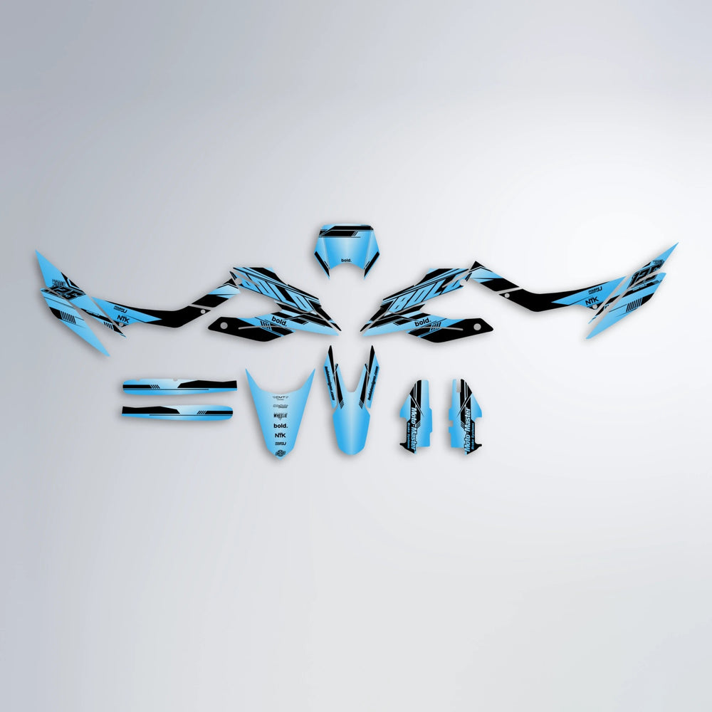 NTK V3 Aprilia SX 125 graphics kit parts layout in Light Blue & White