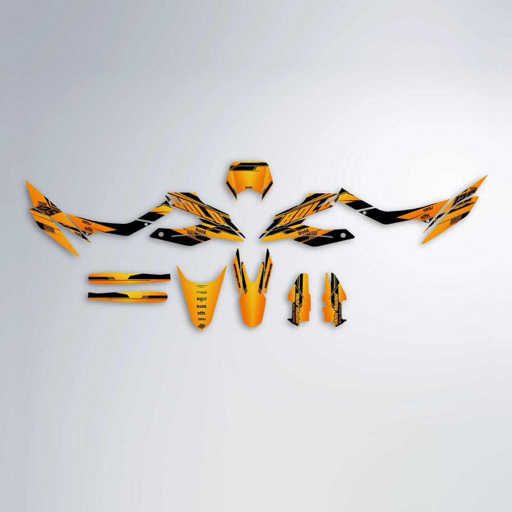 NTK V3 Aprilia SX 125 graphics kit parts layout in Orange & Yellow