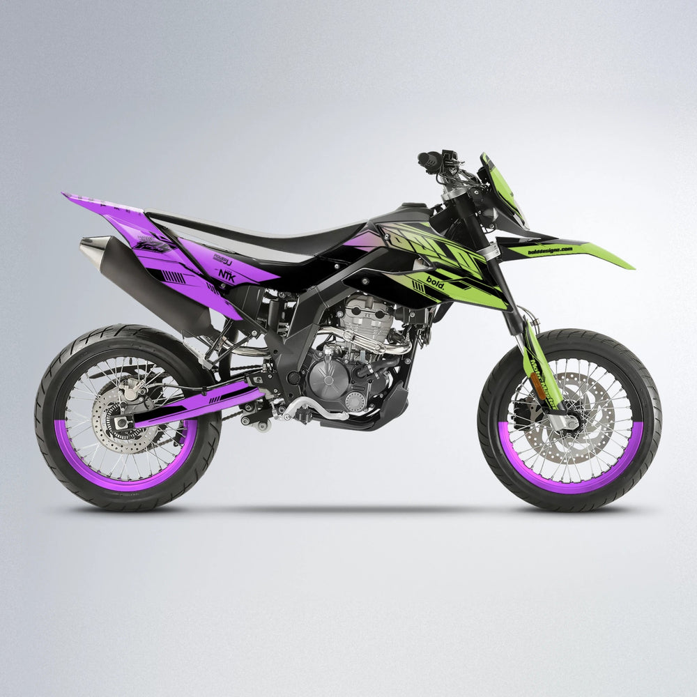 NTK V3 Aprilia SX 125 supermoto graphics kit in Purple & Yellow