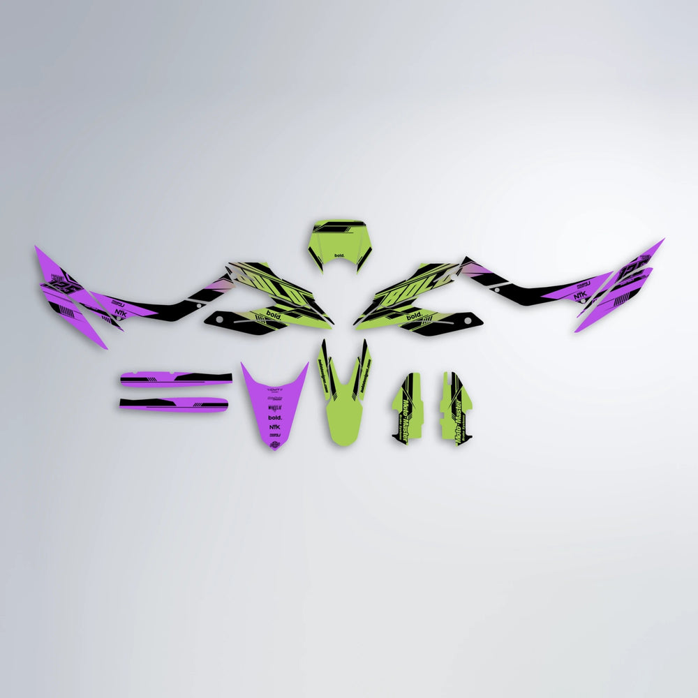 NTK V3 Aprilia SX 125 graphics kit parts layout in Purple & Yellow