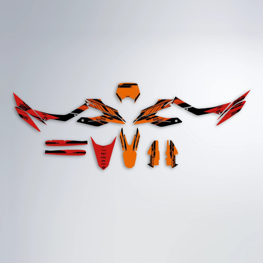 NTK V3 Aprilia SX 125 graphics kit parts layout in Red & Orange