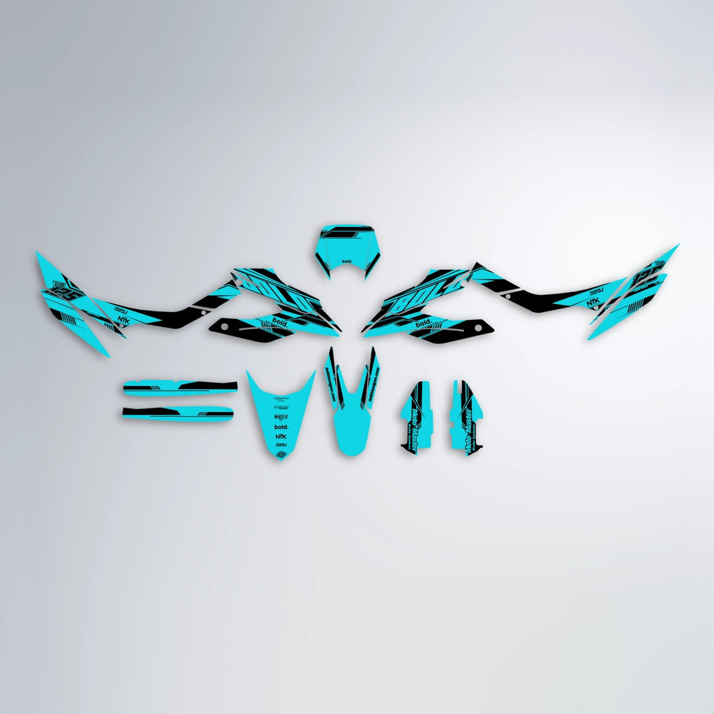 NTK V3 Aprilia SX 125 graphics kit parts layout in Teal