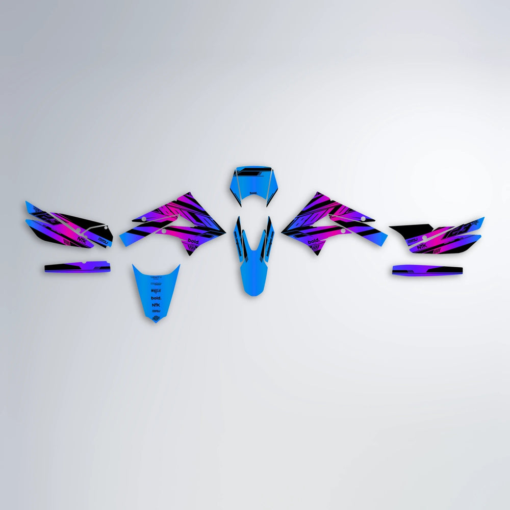 NTK V3 Derbi Senda graphics kit parts layout in Blue Purple Fade