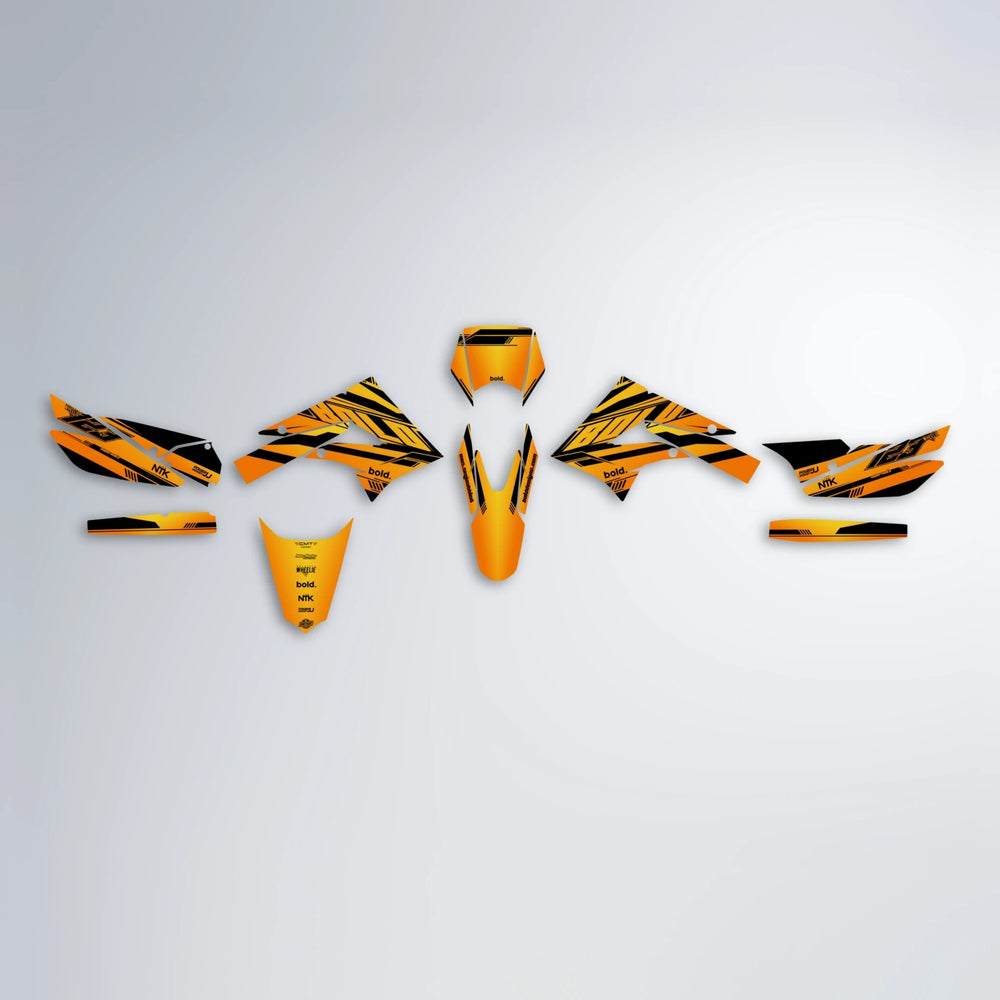 NTK V3 Derbi Senda graphics kit parts layout in Orange & Yellow