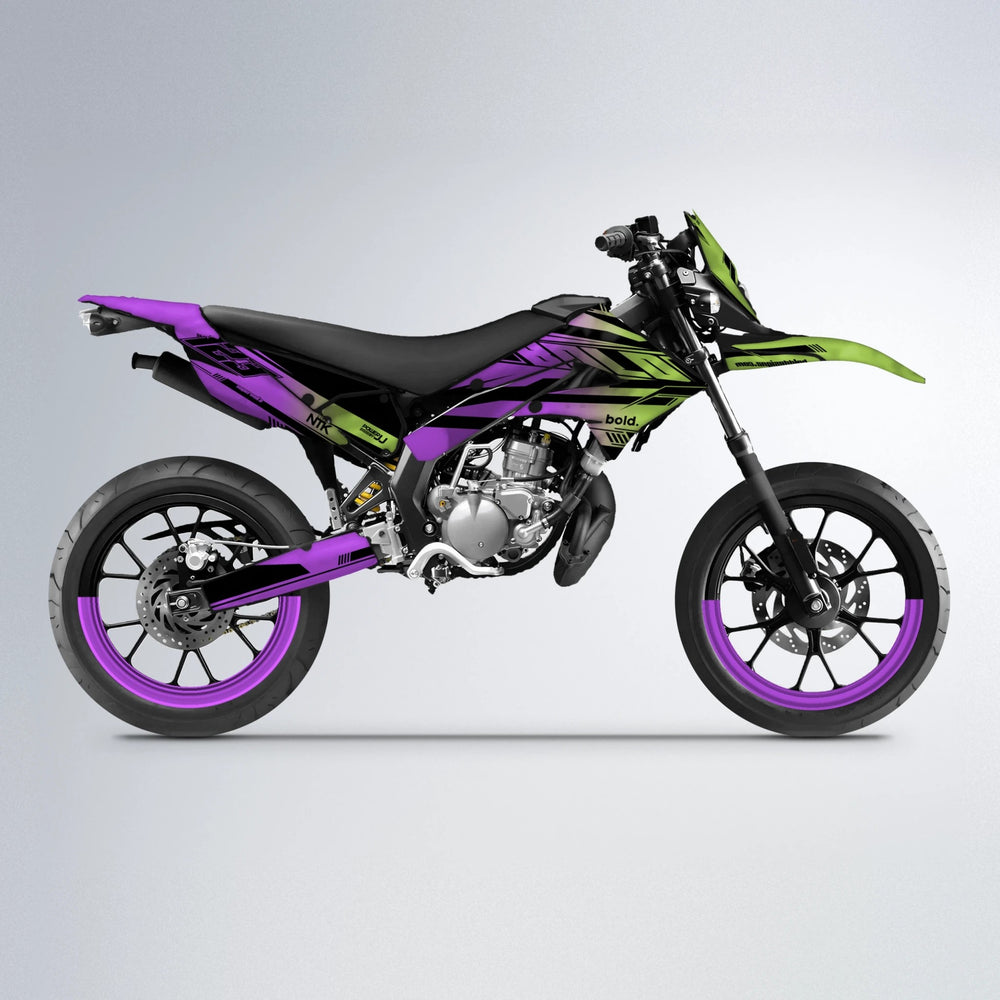NTK V3 Derbi Senda supermoto graphics kit in Purple & Yellow