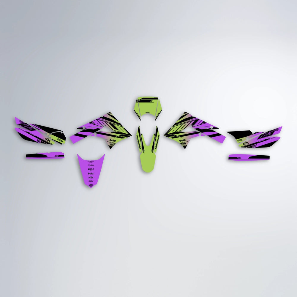 NTK V3 Derbi Senda graphics kit parts layout in Purple & Yellow