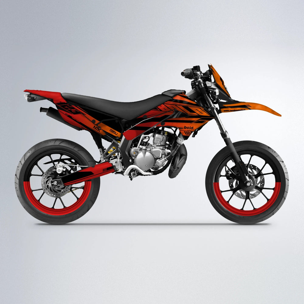 NTK V3 Derbi Senda supermoto graphics kit in Red & Orange