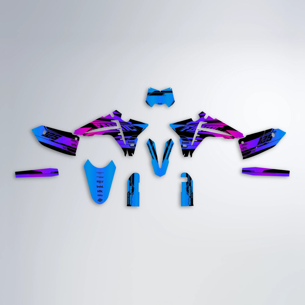 NTK V3 Fantic graphics kit parts layout in Blue Purple Fade