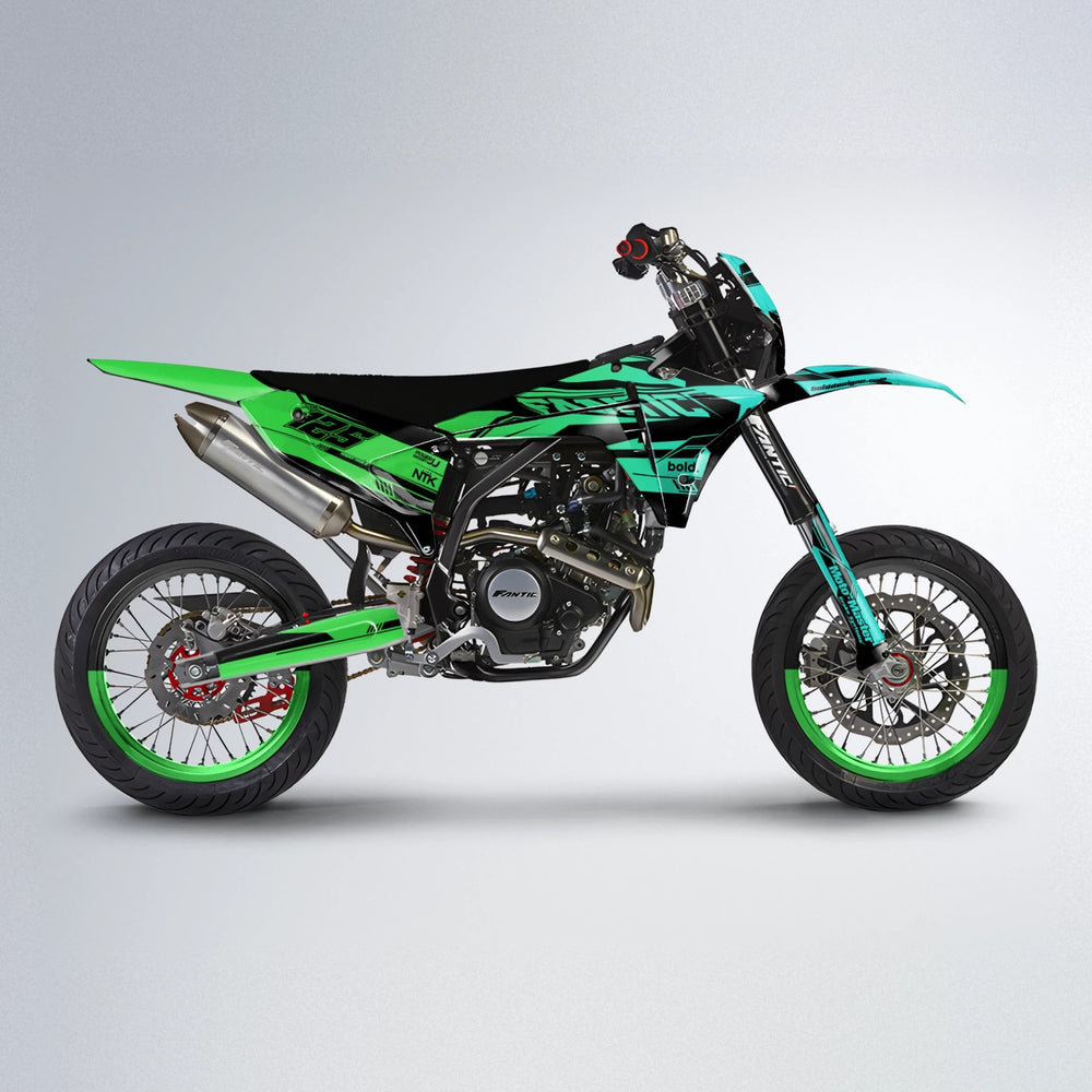NTK V3 Fantic supermoto graphics kit in Cyan & Green