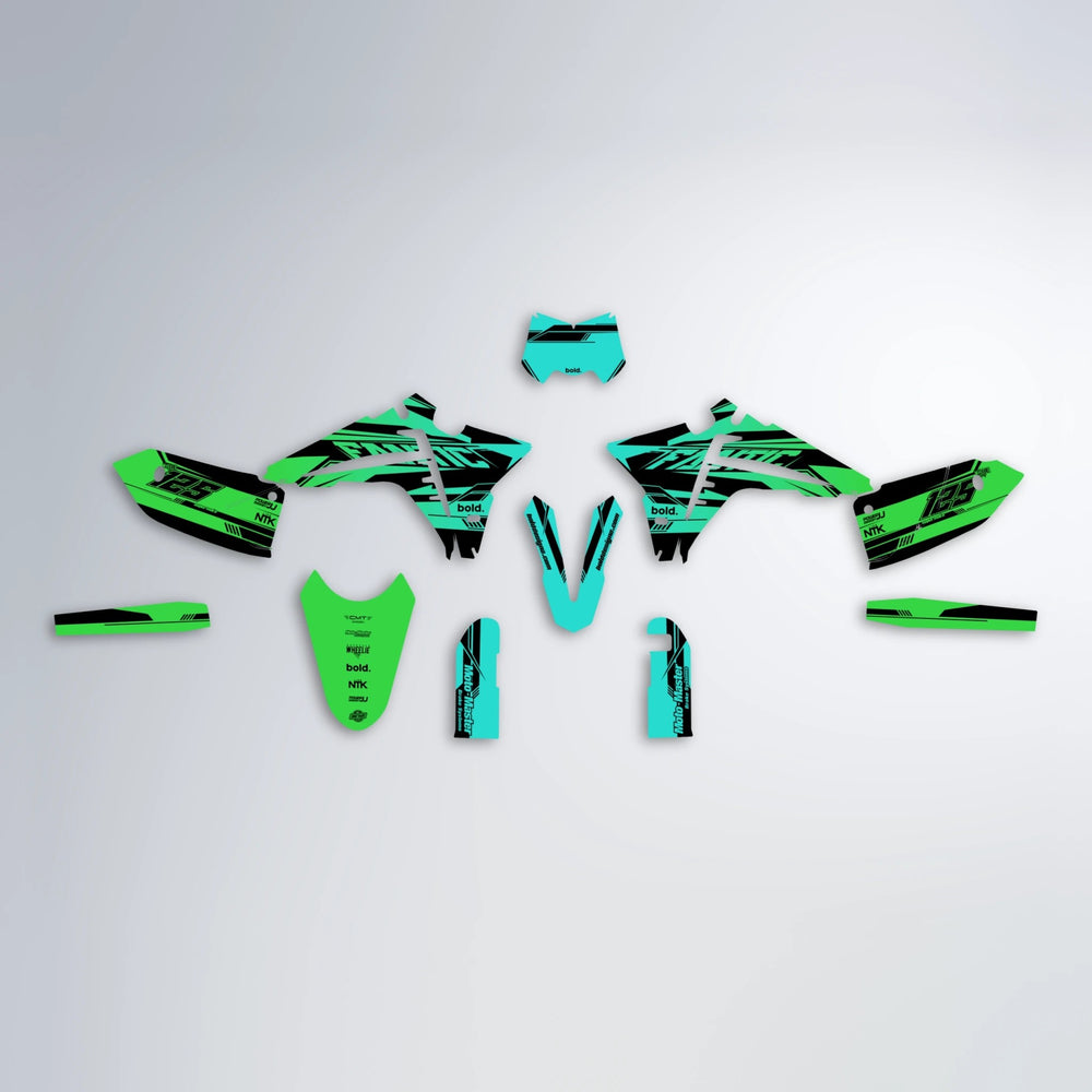 NTK V3 Fantic graphics kit parts layout in Cyan & Green
