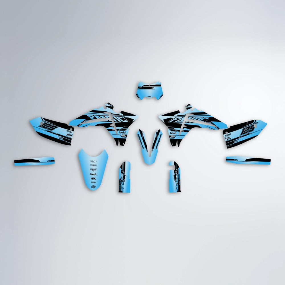 NTK V3 Fantic graphics kit parts layout in Light Blue & White