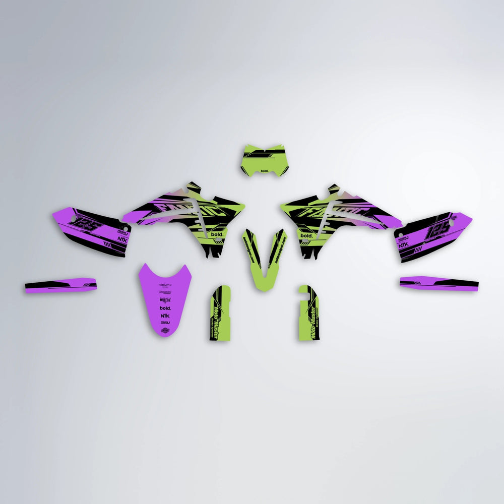 NTK V3 Fantic graphics kit parts layout in Purple & Yellow