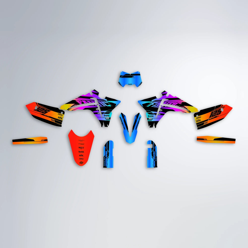 NTK V3 Fantic graphics kit parts layout in Sunset Fade