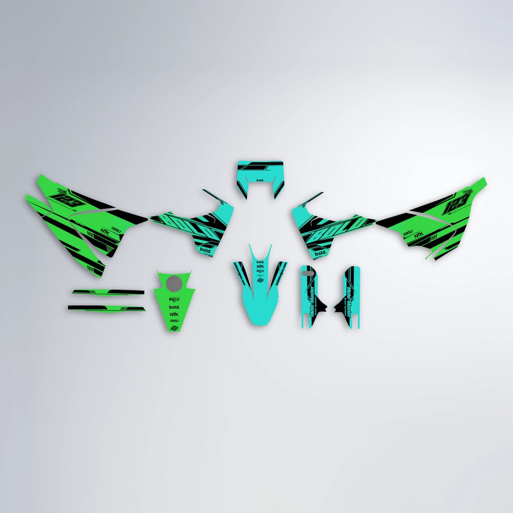 NTK V3 Husqvarna 701 graphics kit parts layout in Cyan & Green