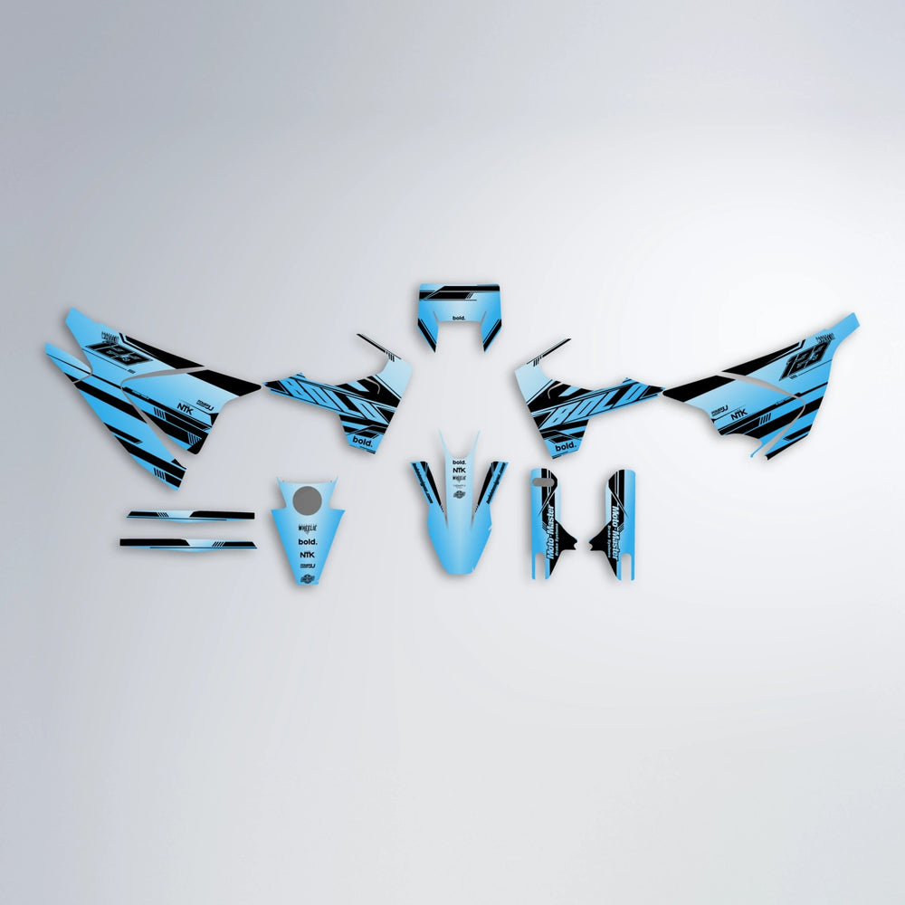 NTK V3 Husqvarna 701 graphics kit parts layout in Light Blue & White