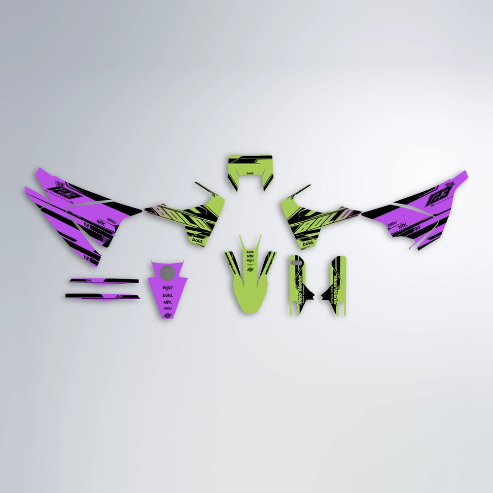 NTK V3 Husqvarna 701 graphics kit parts layout in Purple & Yellow