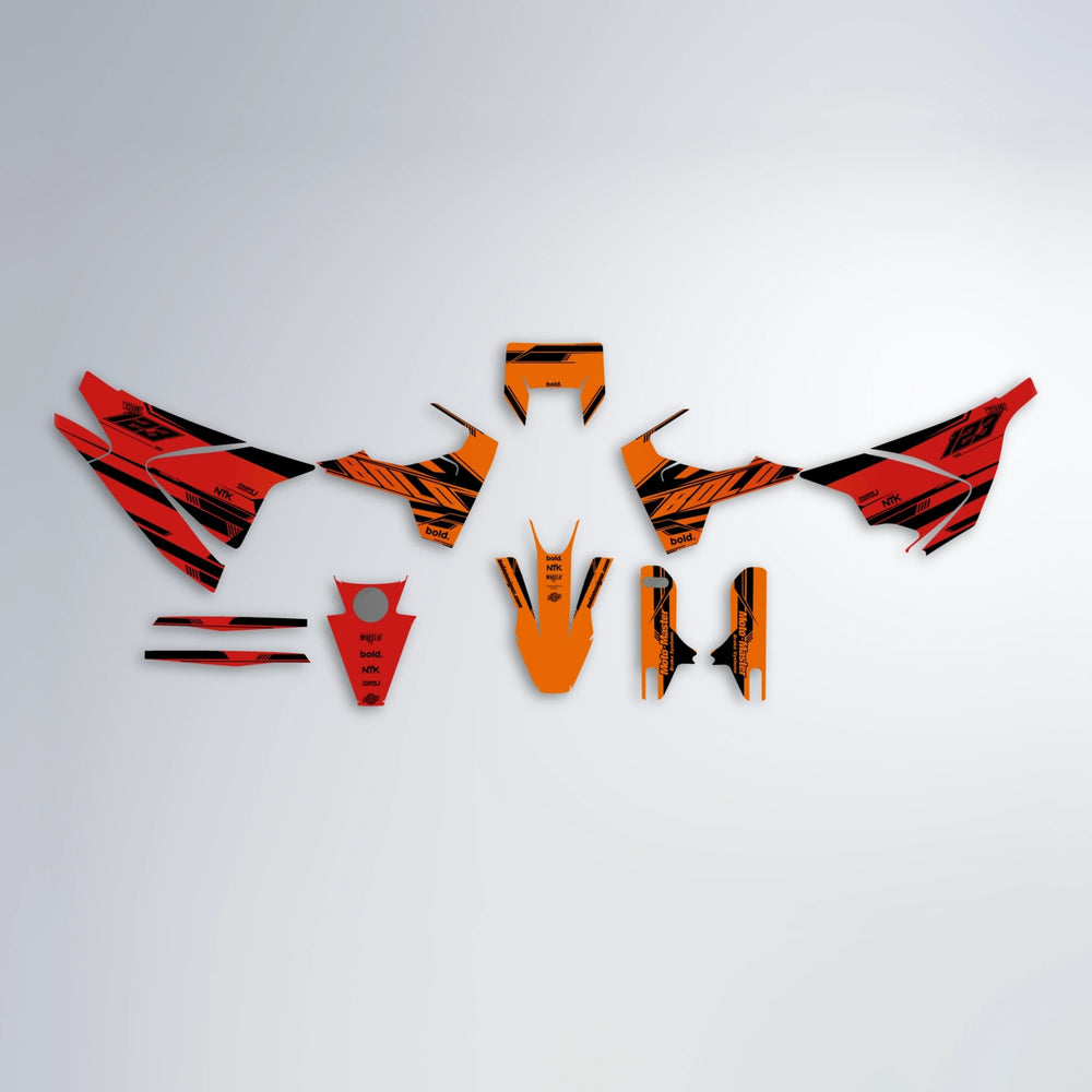NTK V3 Husqvarna 701 graphics kit parts layout in Red & Orange
