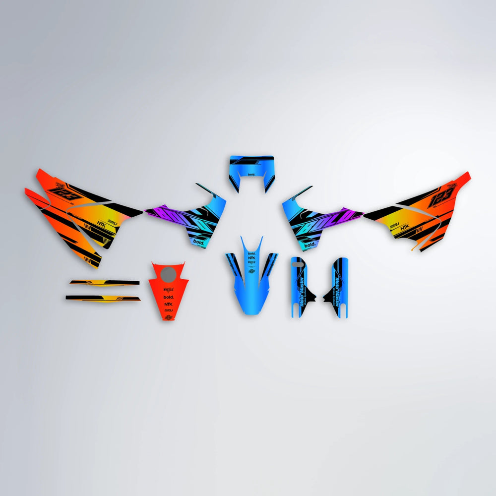 NTK V3 Husqvarna 701 graphics kit parts layout in Sunset Fade